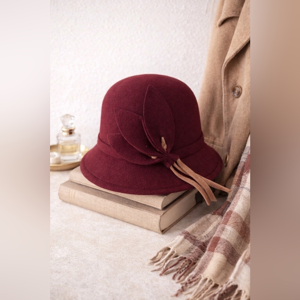 Elegant Burgundy & Tan Cloche Hat with Decorative Detail | Vintage-Inspired Fall - Picture 10 of 10